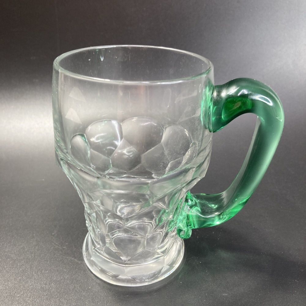Vtg Viking‎ Gregorian Thumbprint Glass Tumblers MCM Clear Glass Green Handle 5"